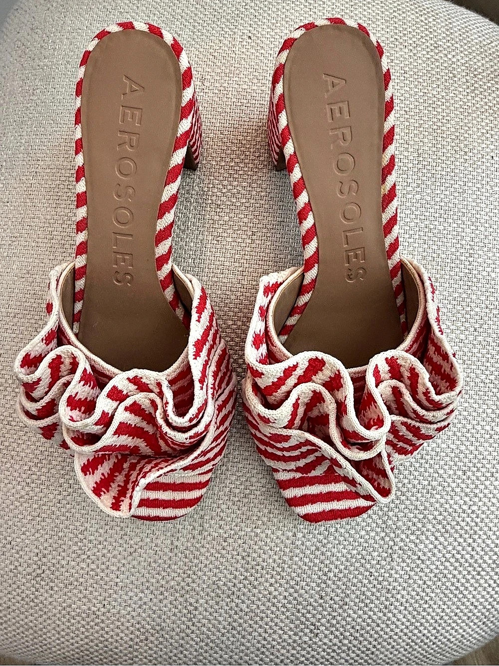 Aerosoles Gabbie Red White Stripe Ruffle Heeled Sandals Size 8.5